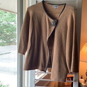 Camel sweater with leather trim & button closure